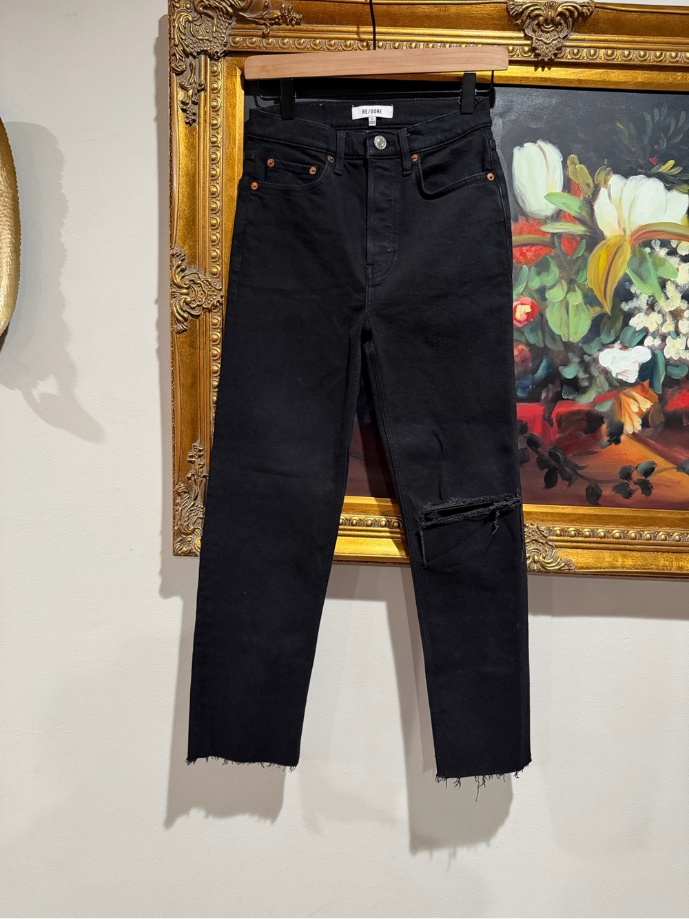 Re/Done Black Slim Straight Jeans with Distressed Knee